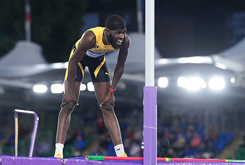Romaine Beckford, of Jamaica, reacts after an attempt in the men's high jump final at the Commonwealth Games in Glasgow, Scotland, Monday, July 27, 2026. 
