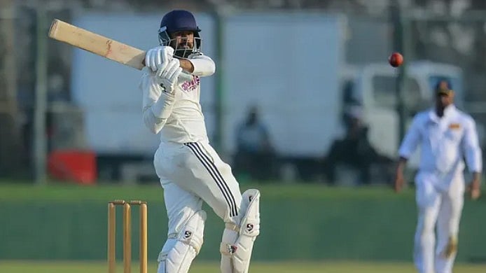 Saransh Jain plays a back-foot punch during a Test match against Sri Lanka A in Galle - insta/saranshjain13