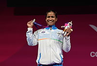 | Photo: Steve Walsh/PA via AP : Silver medal winner Gyaneshwari Yadav of India after the women's weightlifting 53kg snatch and the clean and jerk rounds at the SEC Armadillo during day four of the 2026 Commonwealth Games in Glasgow, Scotland, Monday, July 27, 2026. 