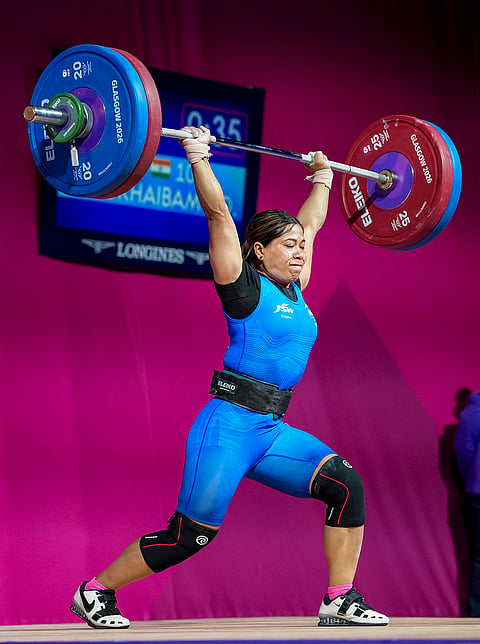 India's Bindyarani Devi competes in the women's 58kg weightlifting event at the Commonwealth Games 2026, in Glasgow, Scotland, Monday, July 27, 2026. 