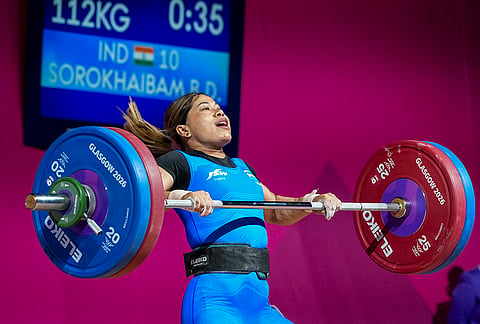 India's Bindyarani Devi competes in the women's 58kg weightlifting event at the Commonwealth Games 2026, in Glasgow, Scotland, Monday, July 27, 2026. 