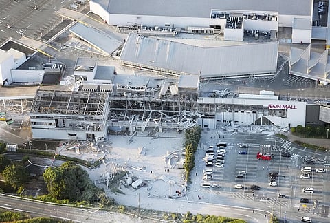 This aerial image shows the damaged AEON Mall after an earthquake in Kashima, Kumamoto prefecture, southern Japan.