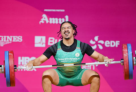 Jon-Antohein Phillips of South Africa with a no lift in the men's 79kg category weightlifting during the Commonwealth Games in Glasgow, Scotland, Monday, July 27, 2026.