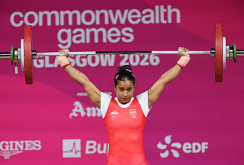 Gyaneshwari Yadav of India during the Women's Weightlifting 53kg Snatch during day four of the 2026 Commonwealth Games in Glasgow, Scotland, Monday, July 27, 2026. 

