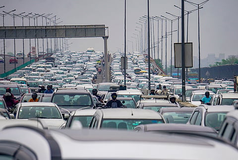 Heavy traffic congestion seen on the Delhi-Meerut Expressway near the Yamuna Bridge, in New Delhi.