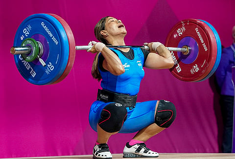 India's Bindyarani Devi competes in the women's 58kg weightlifting event at the Commonwealth Games 2026, in Glasgow, Scotland, Monday, July 27, 2026.