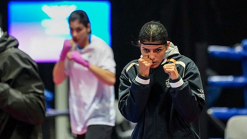 Indian boxer Sakshi Chaudhary, right, during a training session ahead of the Glasgow Commonwealth Games 2026, at the SEC Centre in Glasgow, Scotland. - Photo: PTI/Ravi Choudhary