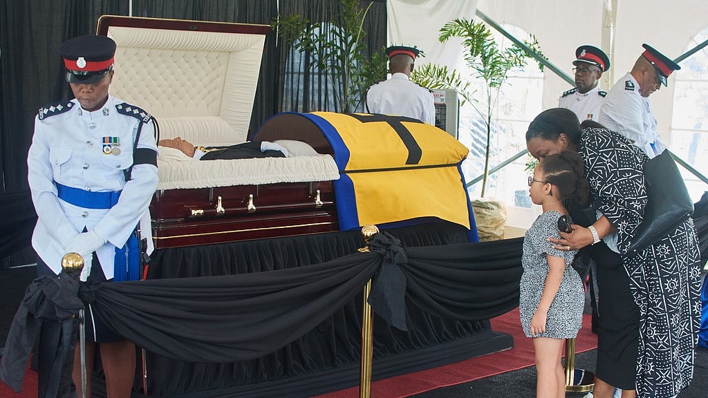 Members of the honor guard stand watch over the casket of Garry Sobers as people pay their final respects at the Kensington Oval in Bridgetown, Barbados. - Kerrie Eversley/AP Photo