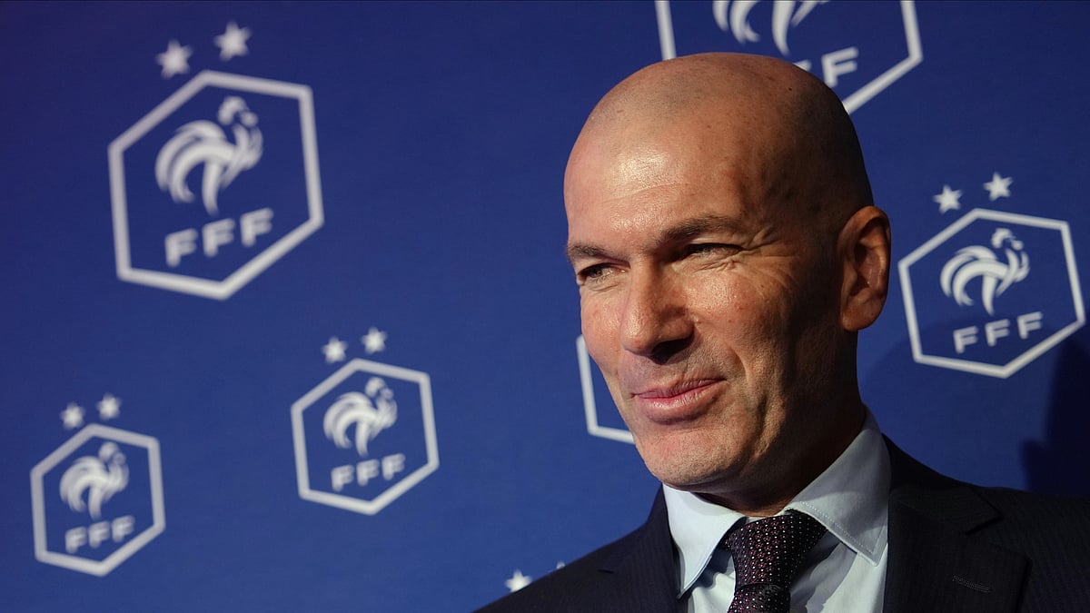 Zinedine Zidane, newly appointed coach of the France national soccer team, attends a media conference at the headquarters of French Football Federation headquarters in Paris, Tuesday, July 28, 2026. - (AP Photo/Aurelien Morissard)