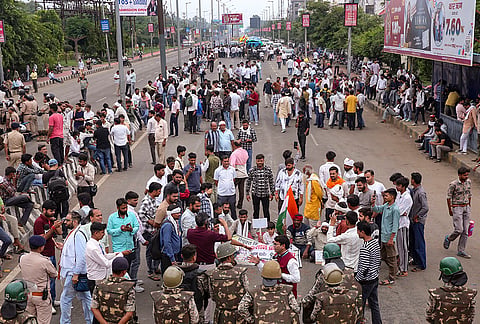 Farmers under the banner of Samyukt Kisan Morcha stage a protest to press for various demands, including 100 per cent moong procurement at MSP, in Bhopal, Madhya Pradesh, Wednesday, July 29, 2026. 