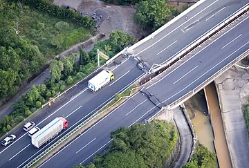 | Photo: Kyodo News via AP : This aerial image shows A section of the Kyushu Expressway damaged by the earthquake is seen in Yatsushiro, Kumamoto Prefecture, on Monday, July 28, 2026.