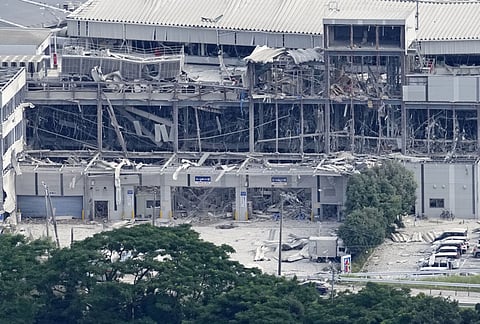 This aerial image shows AEON Mall, which was destroyed by an explosion following an earthquake, in Kashima, Kumamoto Prefecture, on Wednesday, July 29, 2026. 