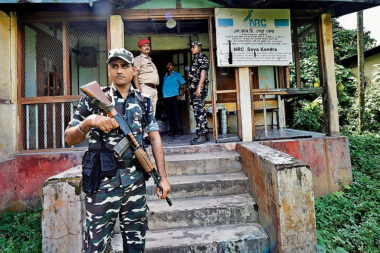 On Guard: Security personnel outside the office of the National Register of Citizens on the eve of the release of the register’s final draft in Guwahati, Assam - null