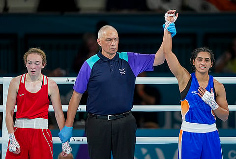 India's Preeti Pawar, right, is declared the winner against Northern Ireland's Nicole Clyde after their Women's 54kg quarter-final boxing match at the Commonwealth Games 2026, in Glasgow, Scotland. Preeti won 5-0 to advance to the semi-finals and assure India of a medal. 