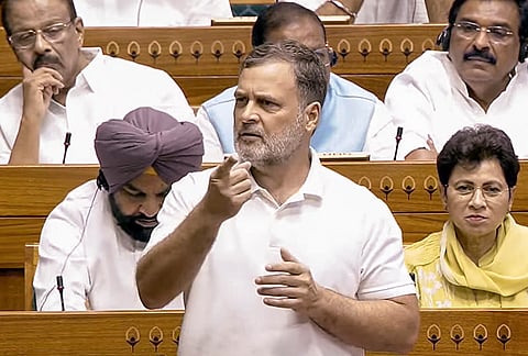 Leader of Opposition in the Lok Sabha Rahul Gandhi speaks in the House during the Monsoon session of Parliament, in New Delhi. 