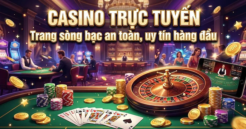 A digital illustration of a lively online casino environment, featuring roulette wheels, poker cards