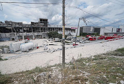 AEON Mall, which was damaged by an explosion following an earthquake, is seen in Kashima, Kumamoto Prefecture, southern Japan, Wednesday, July 29, 2026. 