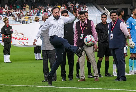 West Bengal Sports Minister Indranil Khan kicks the ball before a Derby football match between East Bengal FC and Mohun Bagan Super Giant during the 135th Durand Cup, in Kolkata, Saturday, July 25, 2026. 