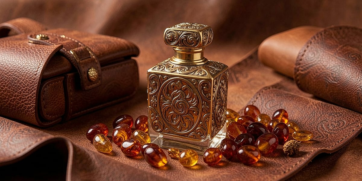 Perfume bottle with leather accessories and amber beads.