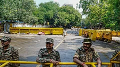 Security personnel keep a vigil near the protest site of Jantar Mantar, in New Delhi | File Photo - | Photo: PTI/Shahbaz Khan