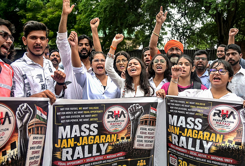 | Photo: PTI  : Demonstrators take part in Reservation Hatao Andolan (RHA) Jan-Jagran Rally organised near Vidhan Bhawan in Nagpur, Maharashtra.