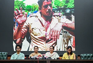 | Photo: PTI : Family members of police personnel, who were injured during the protest march led by Cockroach Janata Party (CJP), during a press conference, at Constitution Club, in New Delhi.