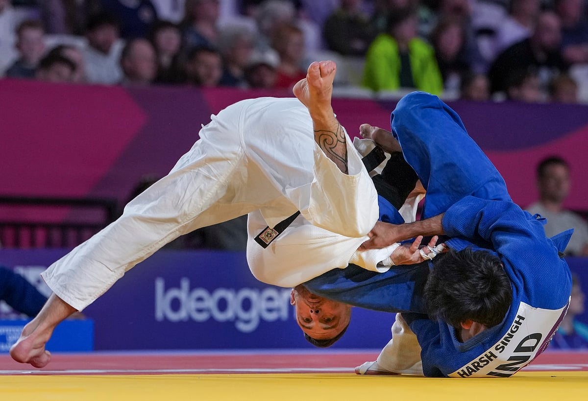 Harsh Singh in blue throws Glasgow Commonwealth Games 2026 mens 60kg judo semi-final PTI Photo