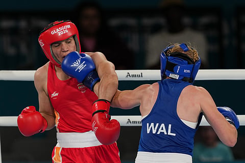 India's Arundhati Choudhary, left, and Rosie Eccles of Wales compete in the Women's 70kg Boxing semifinal at the Commonwealth Games in Glasgow, Scotland, Friday, July 31, 2026.