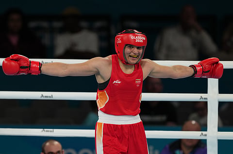 India's Arundhati Choudhary reacts after defeating Rosie Eccles of Wales in the Women's 70kg Boxing semi-final at the Commonwealth Games in Glasgow, Scotland, Friday, July 31, 2026.