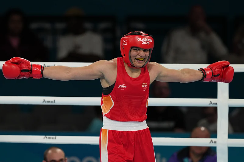 Arundhati reacts vs Eccles Commonwealth Games 2026 Womens 70kg boxing semifinal AP Photo