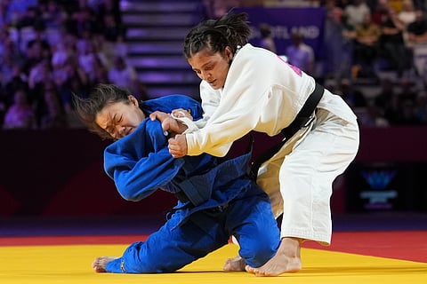 India's Asmita Dey, right, and Heidi Quach of Canada compete in the Women's 48kg Judo final at the Commonwealth Games in Glasgow, Scotland, Friday, July 31, 2026.