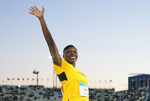 Jamaica's Samantha Hall celebrates after winning the women's discus throw final at the Commonwealth Games in Glasgow, Scotland, Thursday, July 30, 2026. 