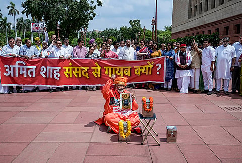 LoP in Rajya Sabha Mallikarjun Kharge, Samajwadi Party MPs Dimple Yadav, Audhesh Prasad, Dharmendra Yadav, Congress MPs Priyanka Gandhi Vadra, KC Venugopal, Independent MP Rajesh Ranjan, TMC MP Sagarika Ghose, JMM MP Mahua Maji, Shiv Sena (UBT) MP Arvind Sawant and others stage a protest over the alleged embezzlement of donations at Ayodhya’s Shri Ram Janmbhoomi Temple during the ongoing Monsoon session of Parliament, in New Delhi.