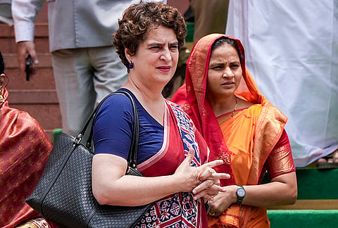 Congress MPs Priyanka Gandhi Vadra and Sanjna Jatav during the ongoing Monsoon session of Parliament, in New Delhi.