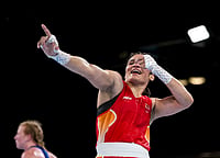 (PTI Photo/Ravi Choudhary) : India's Arundhati Choudhary celebrates after defeating Wales' Rosie Eccles in the Women's 70kg semifinal boxing bout to advance to the final at the Commonwealth Games 2026, in Glasgow, Scotland, Friday, July 31, 2026.