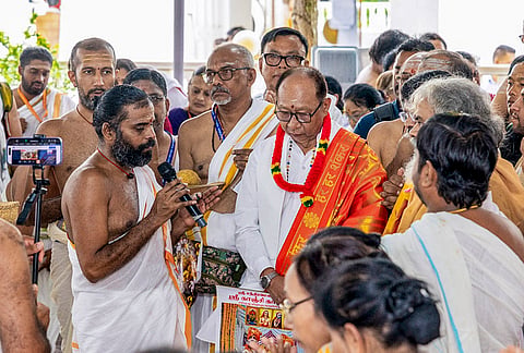 Manipur Chief Minister Khemchand Yumnam being felicitated during an event organised by the Sri Coimbatore Periyava Mandali, at Shree Shree Govindajee Temple, in Imphal, Manipur. 
