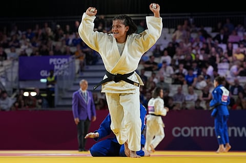 India's Asmita Dey, left, and Scotland's Summer Shaw compete in the Women's 48kg Judo semi-final at the Commonwealth Games in Glasgow, Scotland, Friday, July 31, 2026. 