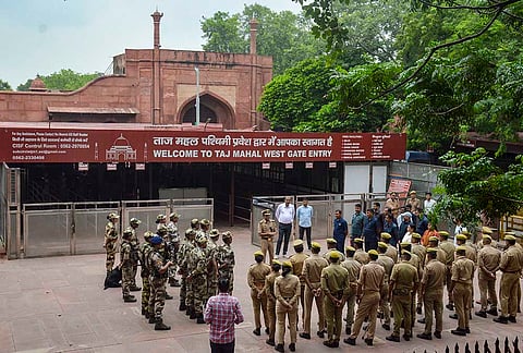 A mock drill conducted by CISF outside Taj Mahal, in Agra, Uttar Pradesh.