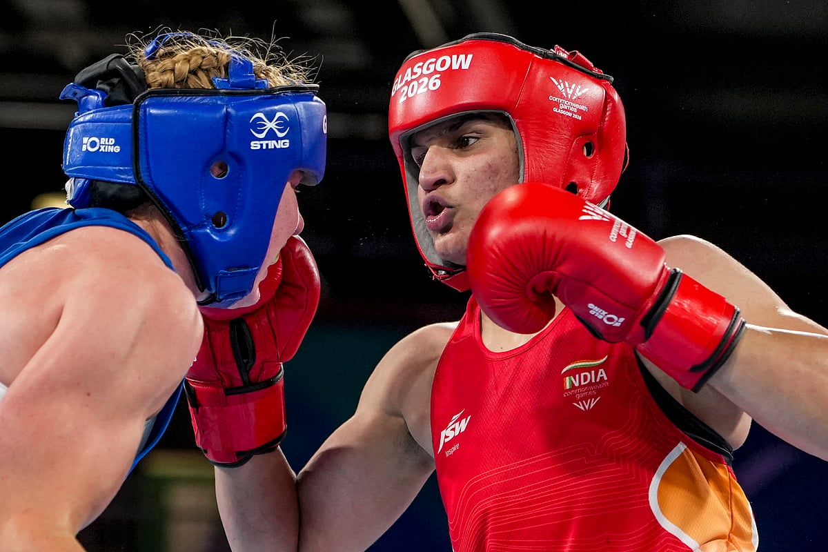 Arundhati vs Eccles close-up Commonwealth Games 2026 Womens 70kg boxing semifinal PTI Photo