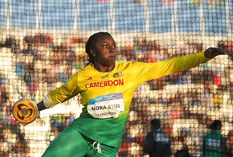 Cameroon's Nora Atim Monie competes in the women's discus throw final at the Commonwealth Games in Glasgow, Scotland, Thursday, July 30, 2026.