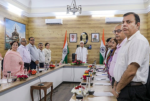 Jammu and Kashmir Lieutenant Governor Manoj Sinha during the inauguration of academic and institutional initiatives of Cluster University of Jammu, at Lok Bhavan in Jammu.