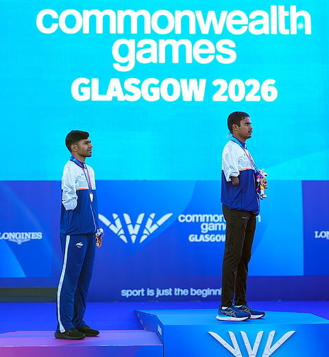 India's Dilip Mahadu Gavit, right, and Mohammed Basil Morssinganakath clinched gold and silver medals in the Men's 100m T47 Final at the Commonwealth Games 2026, in Glasgow, Scotland.
