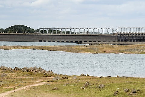 A view of the Krishna Raja Sagara (KRS) reservoir amid the row over the release of Cauvery river water to Tamil Nadu, in Mandya district, Karnataka, Friday, July 31, 2026. BJP leaders and farmers have demanded that the Karnataka government halt the release of water. 