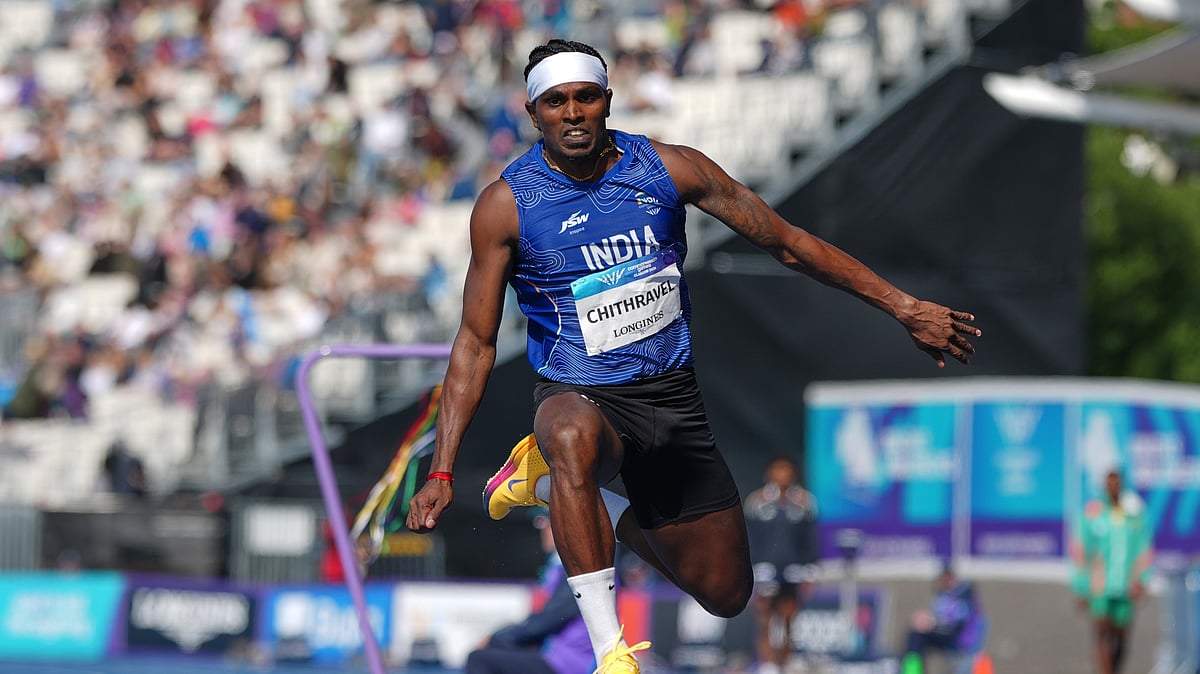 India's Praveen Chithravel competes in the men's triple jump final at the Commonwealth Games in Glasgow, Scotland, Saturday, Aug. 1, 2026. - (AP Photo/Alastair Grant)