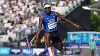 (AP Photo/Alastair Grant) : India's Praveen Chithravel competes in the men's triple jump final at the Commonwealth Games in Glasgow, Scotland, Saturday, Aug. 1, 2026.