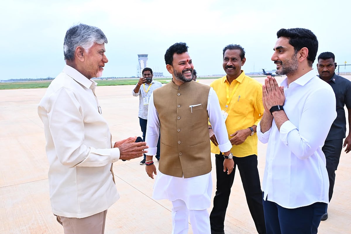 CM Chandrababu Naidu greeted by Nara Lokesh and Ram Mohan Naidu at Bhogapuram Airport