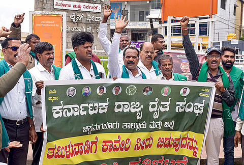 Members of the Karnataka State Farmers' Association, known as  Karnataka Rajya Raitha Sangha (KRRS), stage a protest against the CWRC's direction to Karnataka to release 3,500 cusecs of Cauvery water daily for 15 days to neighbouring Tamil Nadu, in Chikkamagaluru, Karnataka, Wednesday, July 29, 2026. 