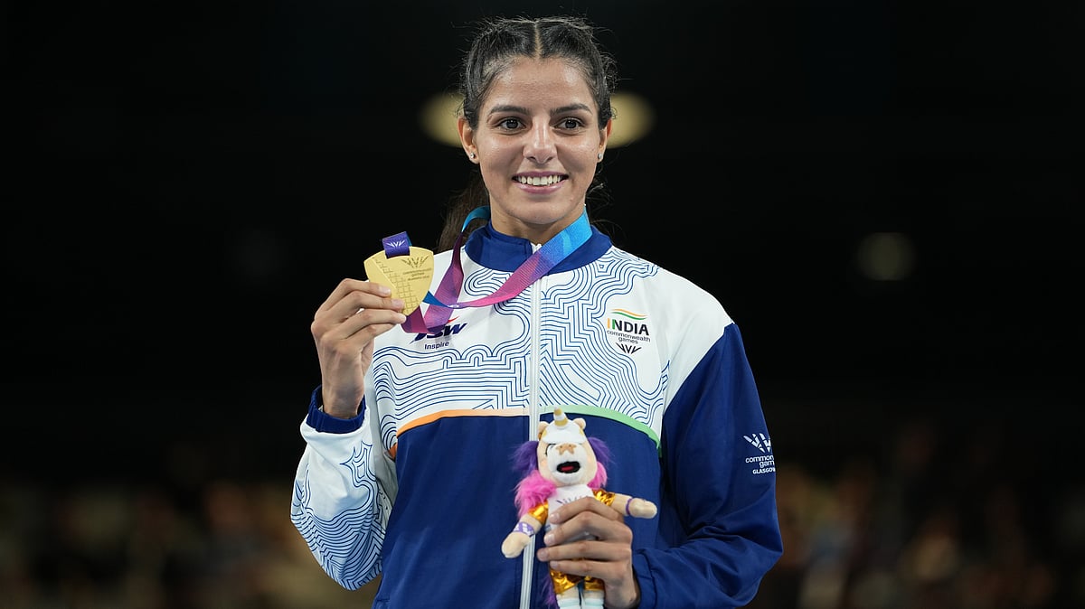 India's Sakshi, celebrates after winning the women's 51kg boxing final at the Commonwealth Games in Glasgow, Scotland, Saturday, Aug. 1, 2026 - (AP Photo/Eranga Jayawardena)