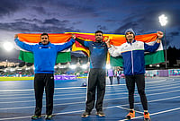 | Photo: PTI/Ravi Choudhary : Sri Lanka's Rumesh Tharanga Pathirage, centre, with India’s Neeraj Chopra, right, and Yashvir Singh in a photograph after the men's javelin throw final at the Commonwealth Games 2026, in Glasgow, Scotland, Saturday, Aug 1, 2026. Pathirage wins the gold medal while Chopra and Singh win the silver and bronze medals respectively in this event. 