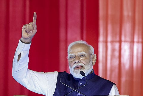 Prime Minister Narendra Modi addresses the gathring during the foundation stone laying ceremony of various projects, at Bhogapuram, Andhra Pradesh. 